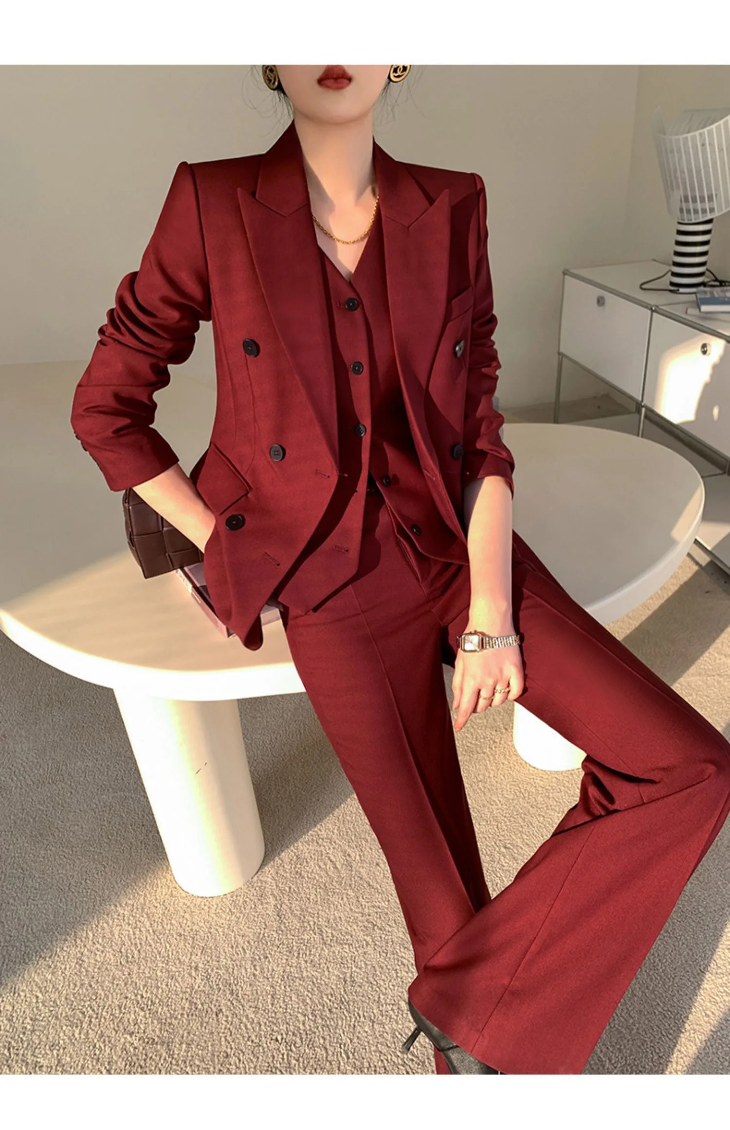 Elegant Burgundy Blazer Suit Office Women\'s Three-Piece Set Professional Formal Vest Pants Suit 2022 Autumn Korean Clothing