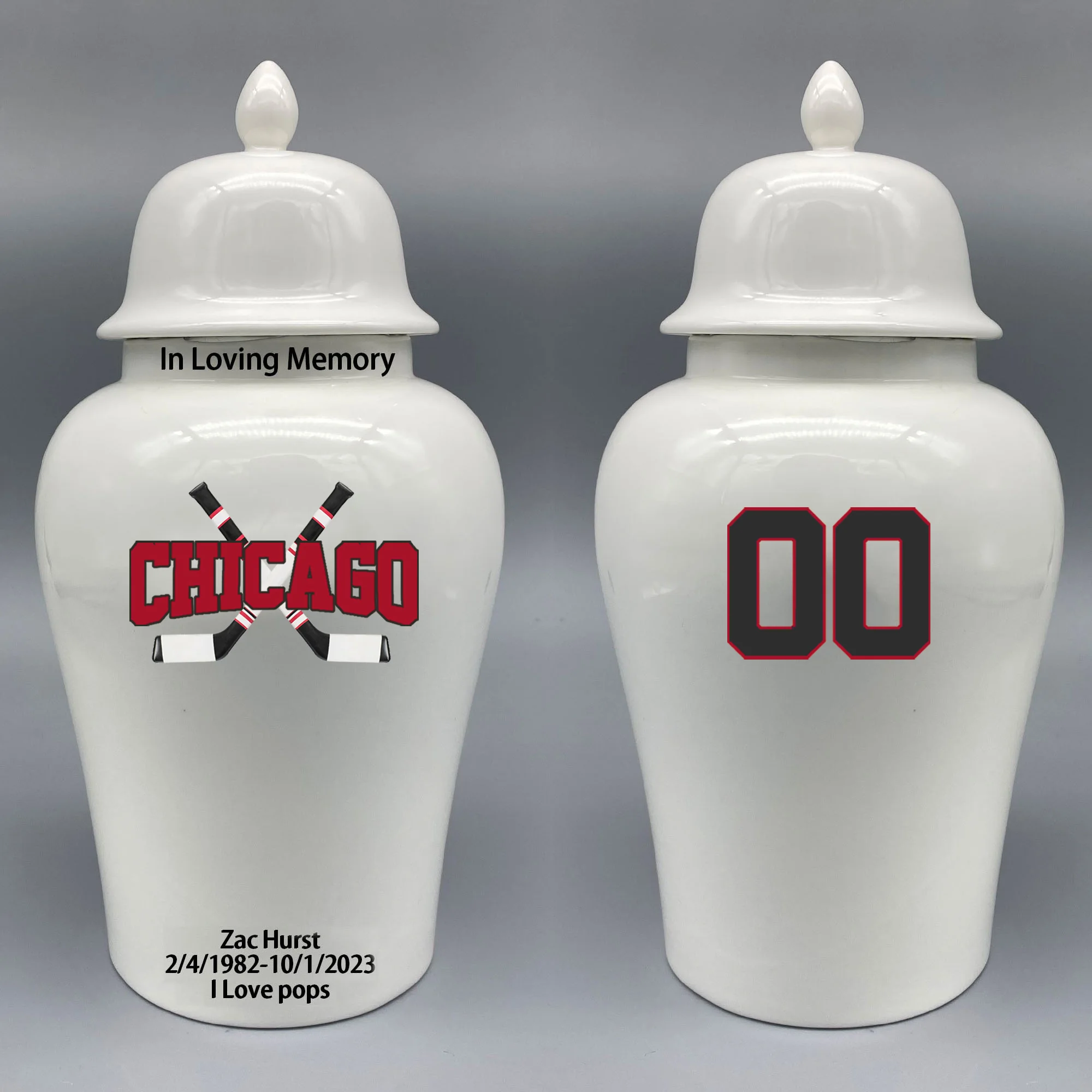 Large Urn for Chicago Blackhawks-themed Hockey Urn.Please send me the customize information-name/date and number on the urn