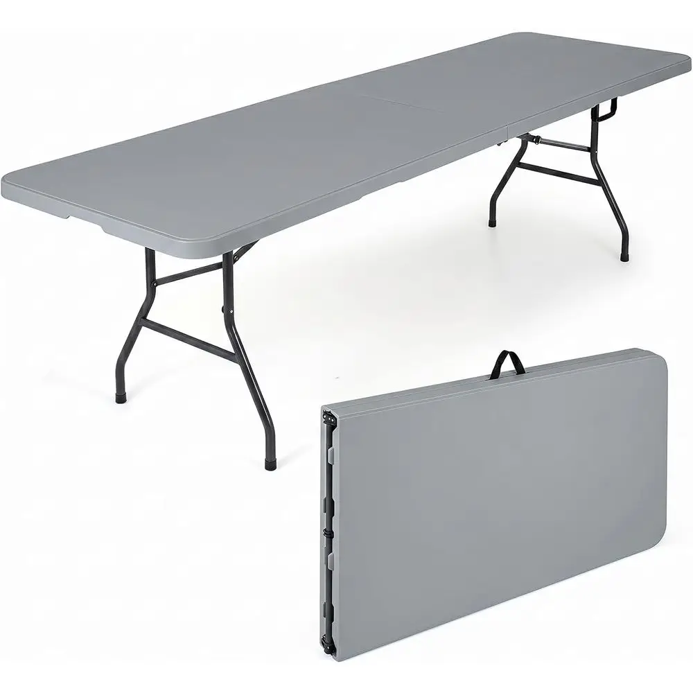 8t Plastic Folding Table, 350 LBS Outdoor Heavy Duty Folding Tables with HDPE Tabletop, Handle, Lock, Portable Utility Card Tabl