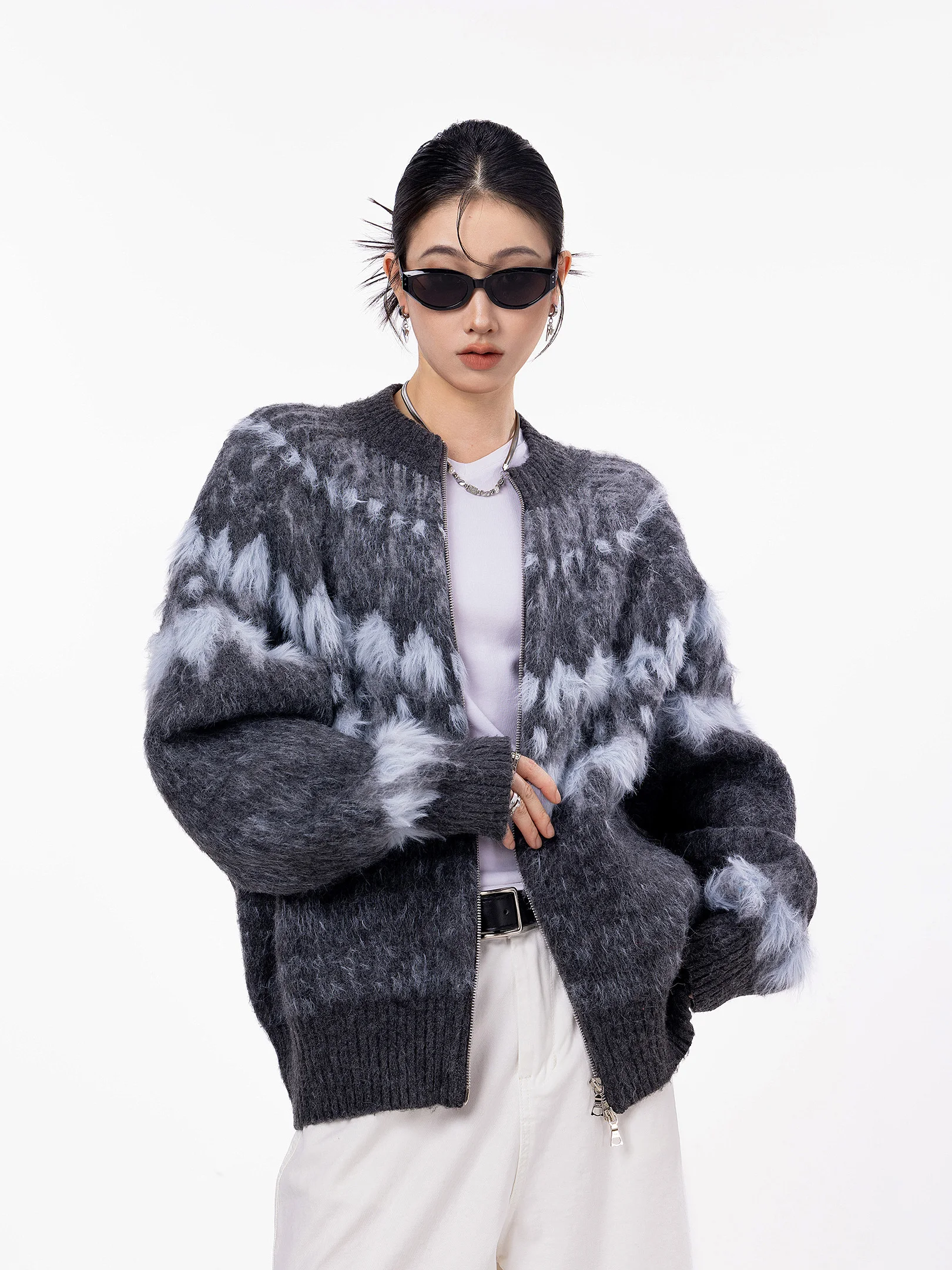 

Ich Mode American Sle Fair Isle Color Blo вязаный длинный све женский кардиган на молнии весна осень свободного покроя с геометрическим рисунком...