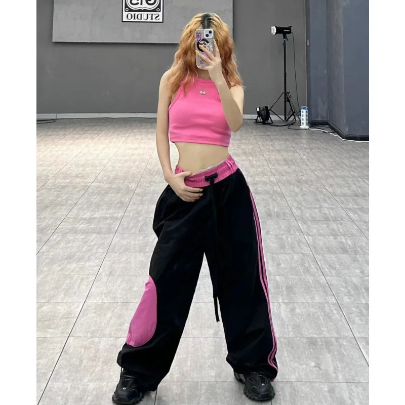 Women Black Cargo Pants Streetwear High Waist Wide Leg Pants Contrasting Colors Vintage Female 2024 NEW Autumn Straight Trousers