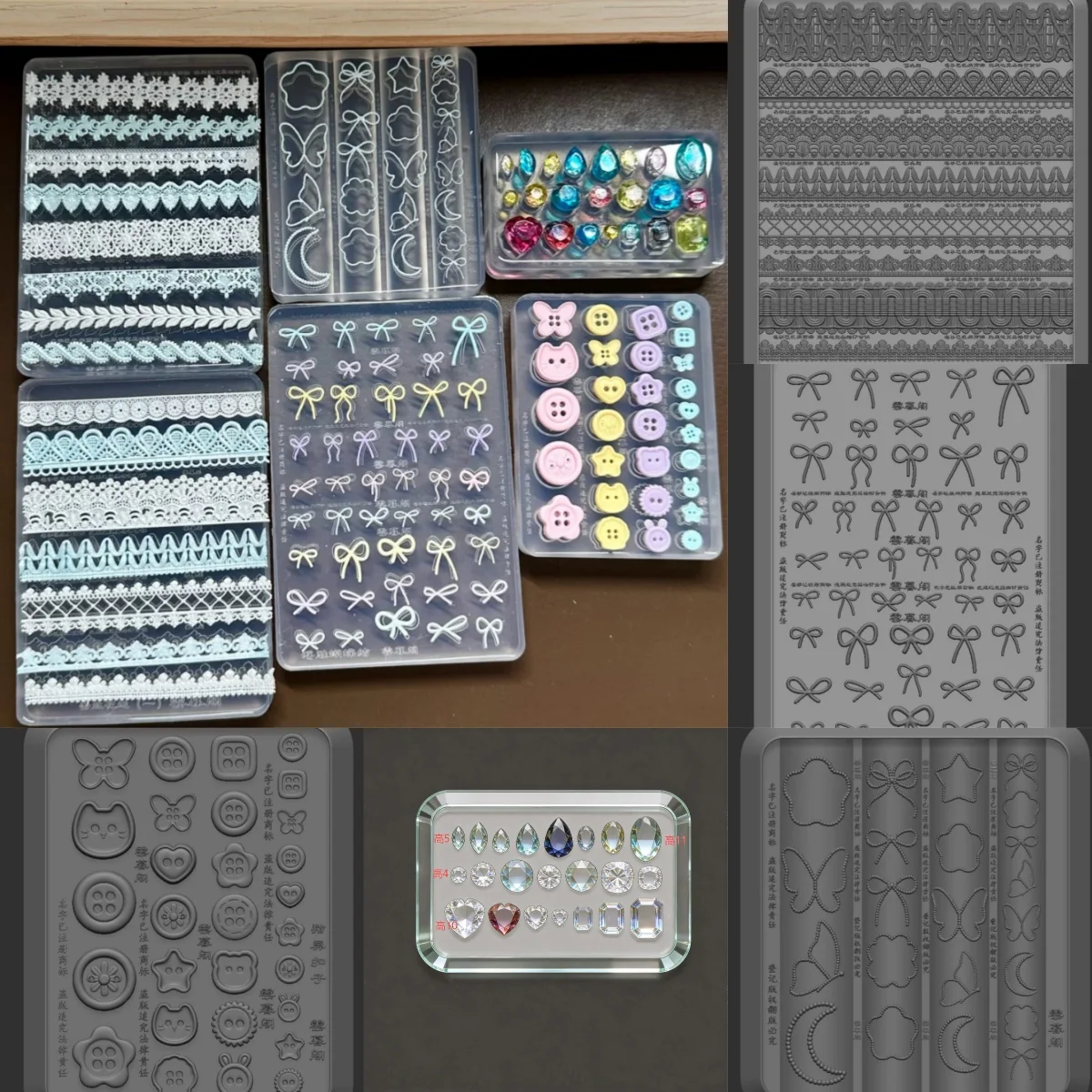 

Bows Buttons Gemstones Flowers Fruit Lace trimmings Nail Art Stamping Carved Silicone Mold DIY Template Stencils Reusable Tools