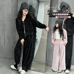 Women's sequin sports suit new autumn children's clothing knitted hooded sports shirt jacket casual wide leg pants set