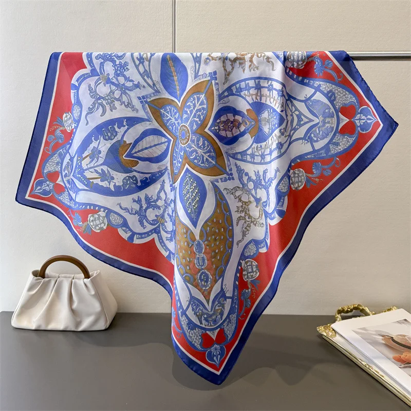 2026 New Fresh Artistic Printing Simulation Silk Square Scarf Women Shawl Versatile High-end Neck Headscarf Ladies Silk Scarves