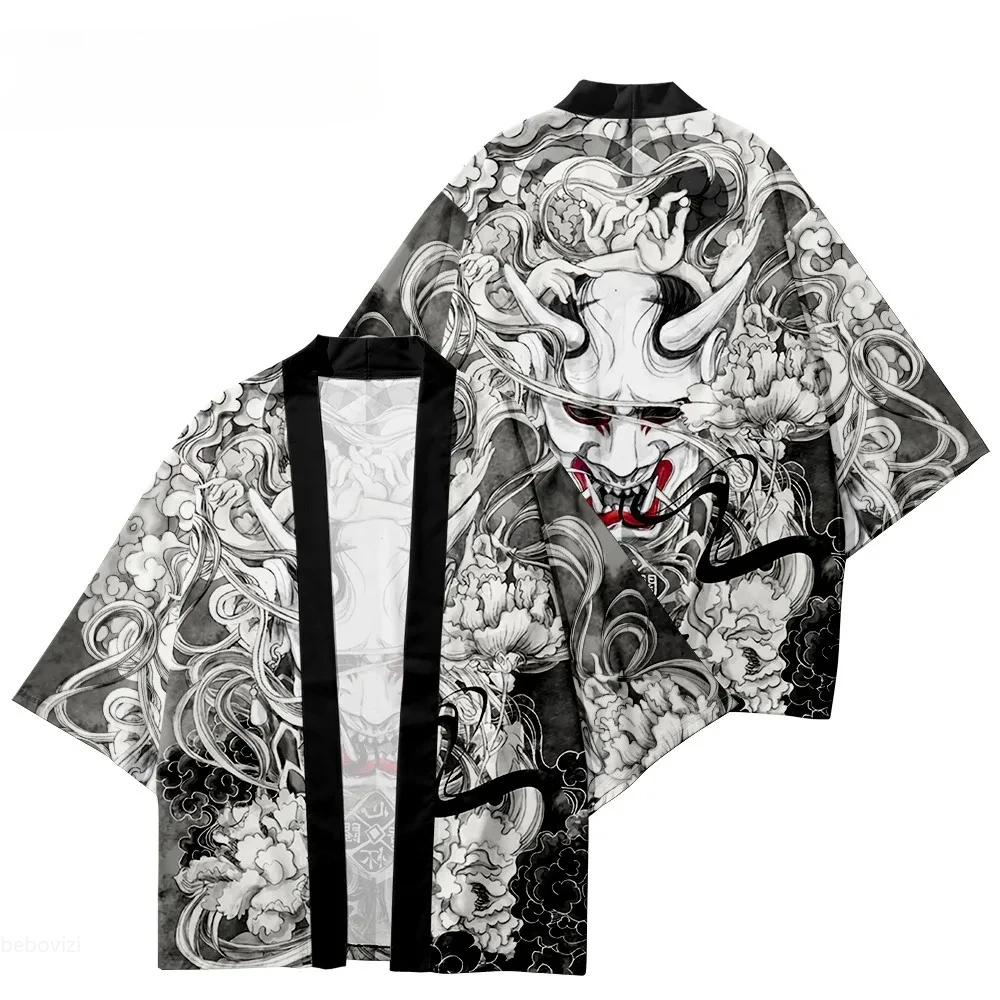 

Summer 3D Demon Printed Men's Cardigan Japan Warrior Tradition Clothing Outdoor Leisure Fashion Fitted Stick Neck Collar Tops
