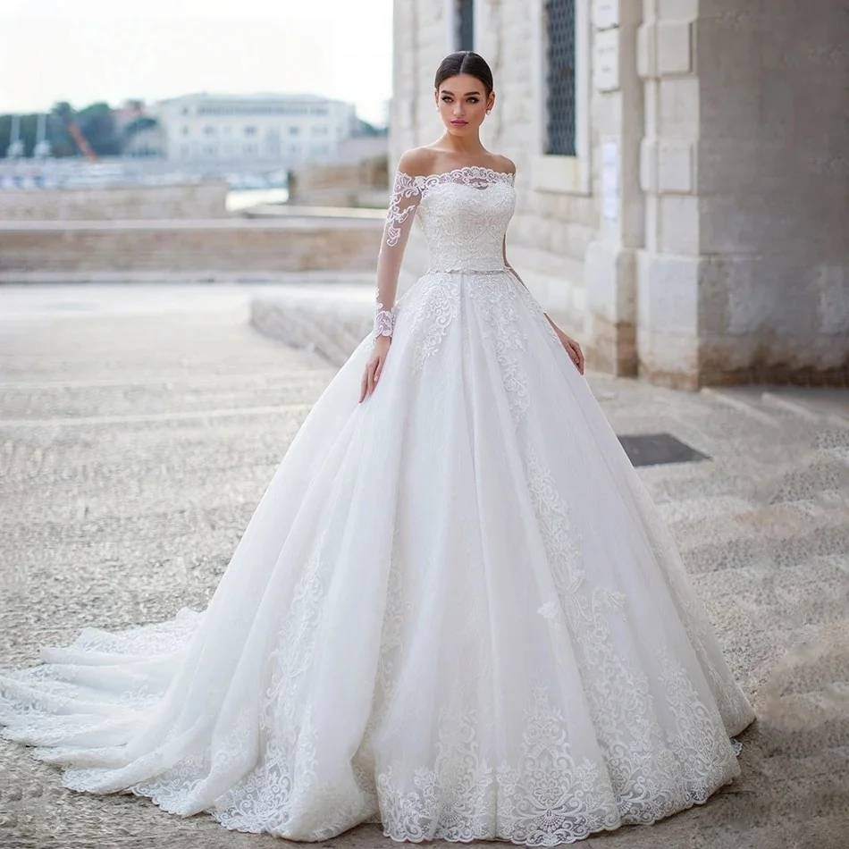 

Lace Wedding Dresses Ball Gown Long Sleeves Muslim Boho Bridal Gown Saudi Arabic Dubai Islamic Vestido De Noiva Customized