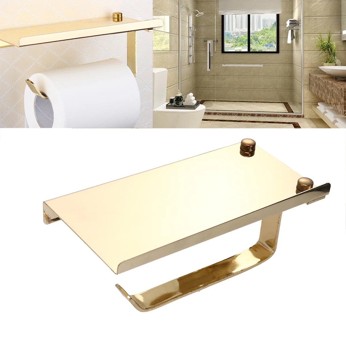 

Golden Stainless Steel Tissue Holder 18x91x78cm Multifunction Bathroom Phone Storage Roll Holder for Public Toilet