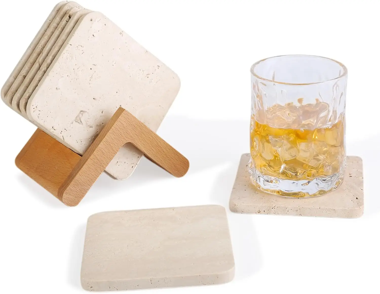 Travertine Coasters Set of 5 with Holder, Square Natural Stone Drink Coasters Heat Resistant for Coffee Table Home Office Bar