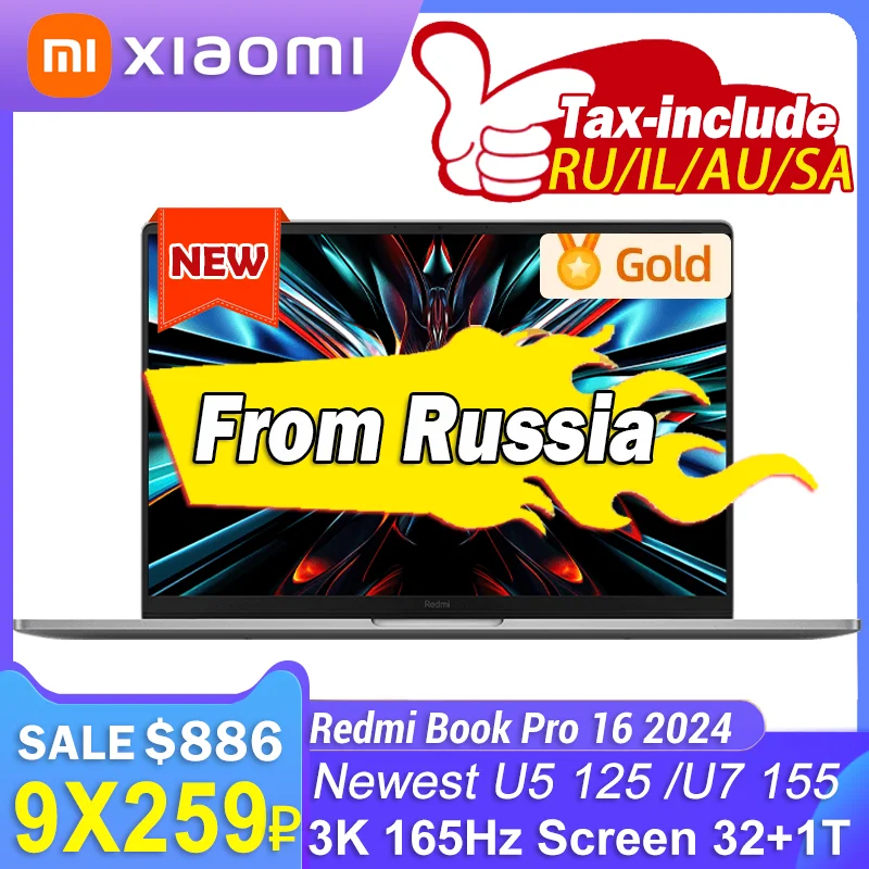 【Russia Stock】Original Redmi Book Pro 16 2024 intel Ultra 5 125H/Ultra7 155H 32G RAM 1T SSD 3.1K 165Hz Screen Grey