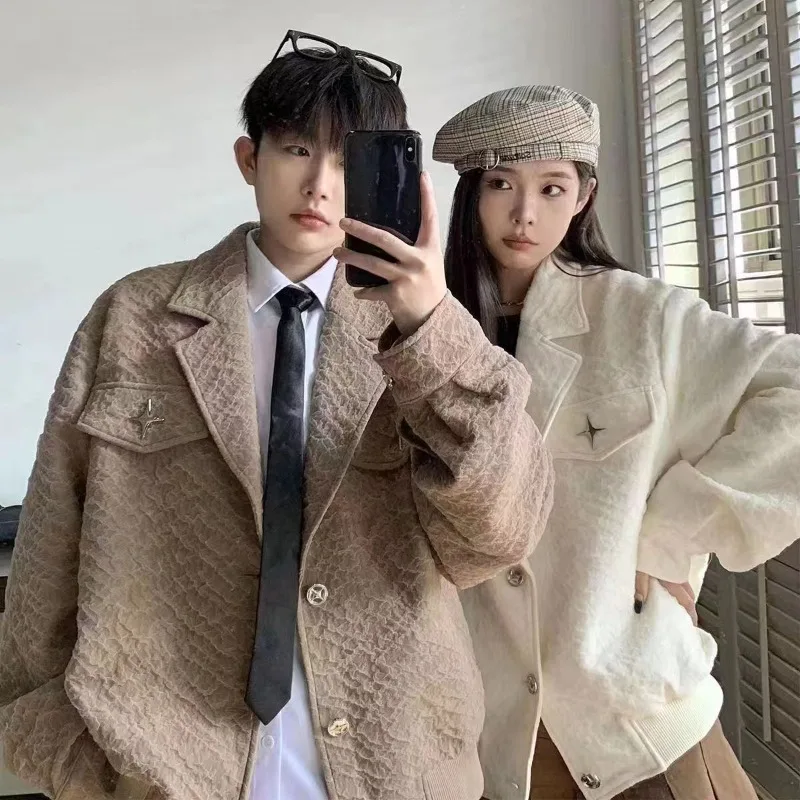 

Wrinkled Jacket Men's Spring and Autumn Style Design Sense Small Fragrance Style Suit Collar Couple Workwear Coat