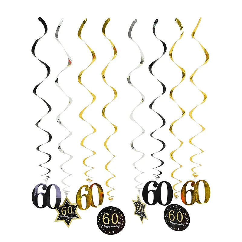 8pcs Ceiling Hanging Decor 18 21 30 40 50 60 Black Gold Spiral Garland PVC Swirl Banner Happy Birthday Party Decoration Supplies