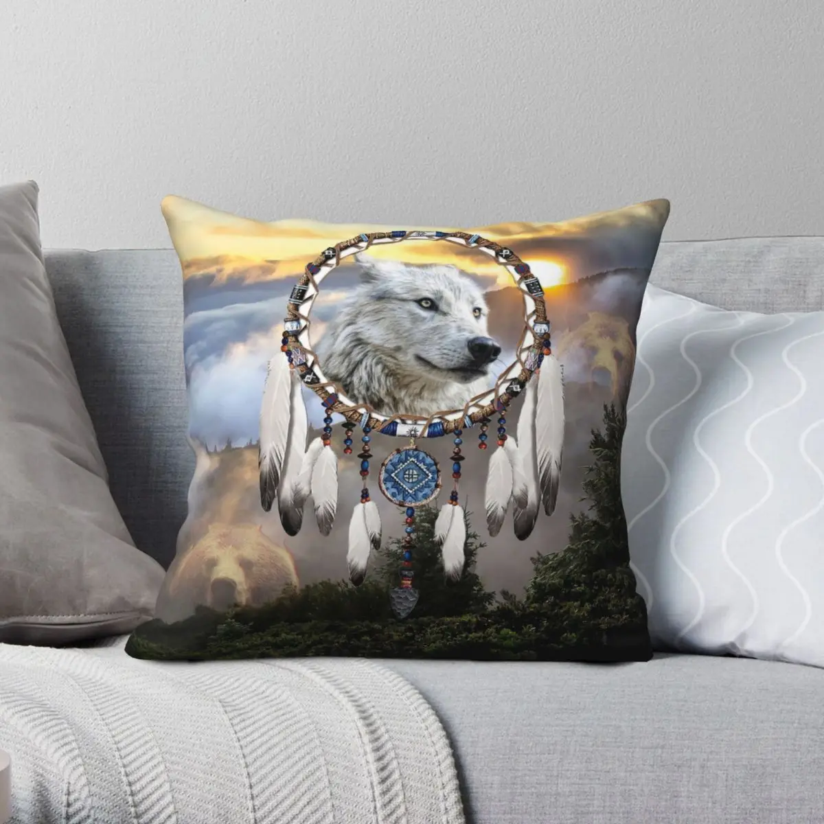 Wolf Bear And Dream Catcher Square Pillowcase Polyester Linen Velvet Printed Zip Decorative Pillow Case Sofa Cushion Cover