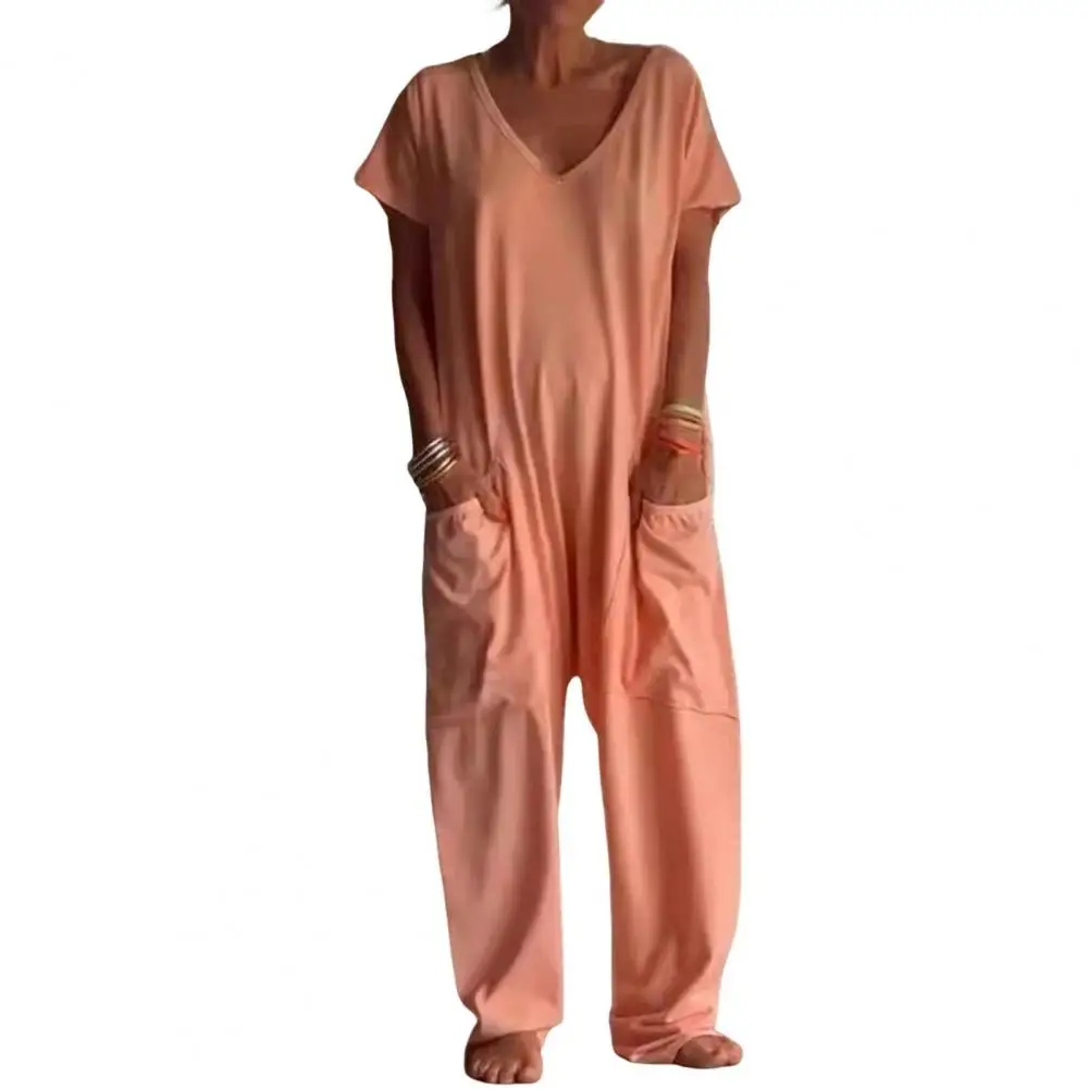 Vrouwen Jumpsuit V-Hals Zomer Effen Kleur Wijde Pijpen Broek Bib Zakken Overalls Casual Losse Mouwloze Katoenen Linnen Jumpsuits