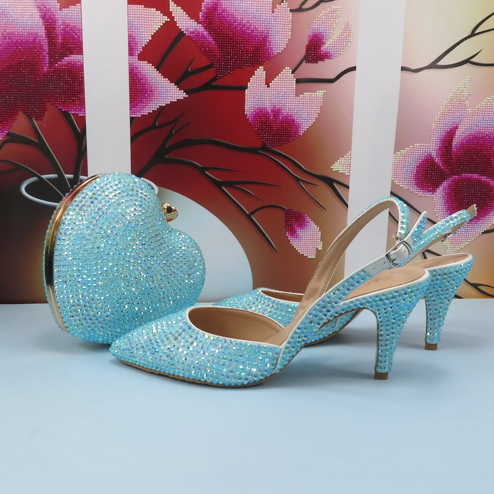 

Fashion Sling-back Blue AB Bling Pointed Toe Wedding Shoes and bag Woman High Pumps Thin Heel Party Shoes Slingbacks