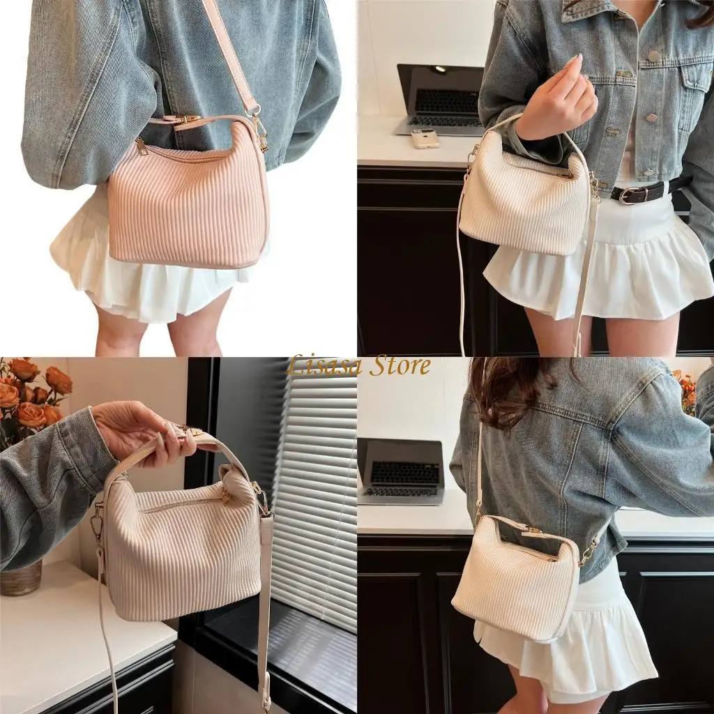 

M6CC Pleated PU Leather Shoulder Crossbody Bag with Top Handle Ribbed Texture Handbag