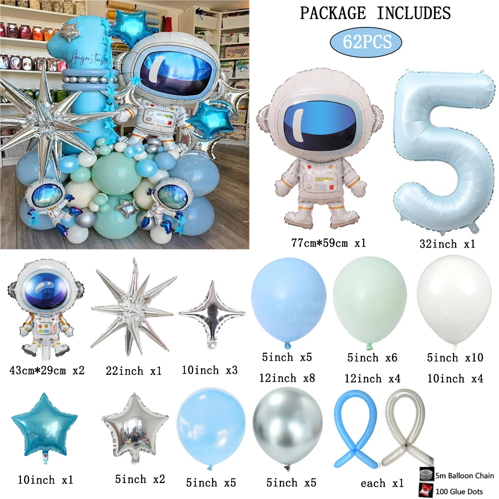 62pcs Outer Space Theme Party Astronaut Balloon 1-9Number Foil Balloons Boy Birthday Party Decorations Kids Baby Shower Gift