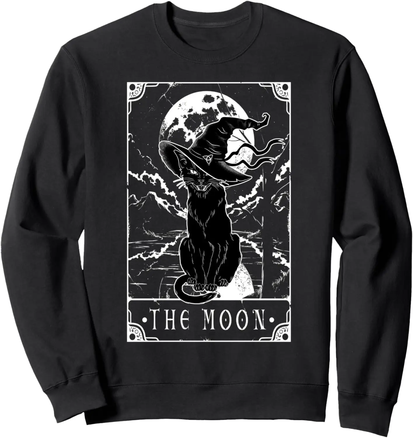 

Tarot Card Crescent Moon And Black Cat Witch Hat Halloween Sweatshirt