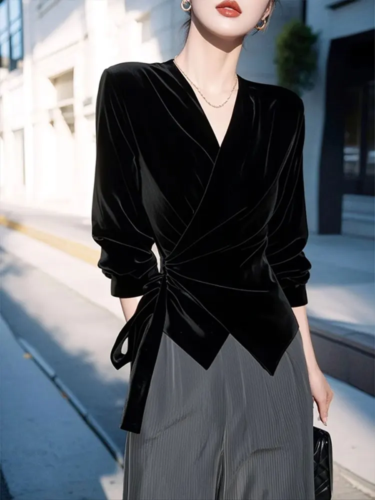 

Black V-Neck Long Sleeve Shirt Women's Spring Autumn New High-End Design Waist-Cinching Top Trendy Casual Style Straight Cut