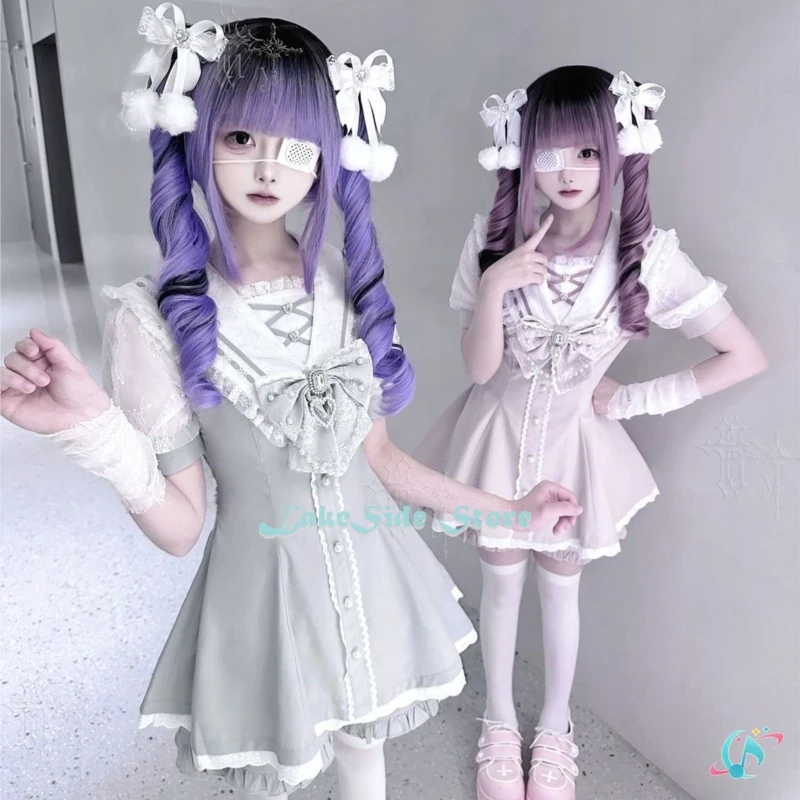 jirai-kei-summer-sweet-lolita-sailor-neck-short-dress-–-lace-trim-plaid-solid-color-cute-daily-wear-kawaii-mini-skirt