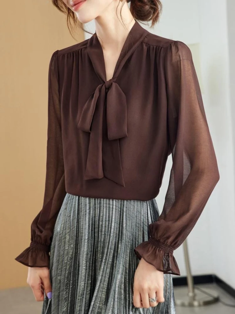 

With Bow Women's Shirt and Blouse Fashion 2025 Korean Popular Clothes Sale of Style Vintage Korea Stylish Chiffon Female Tops