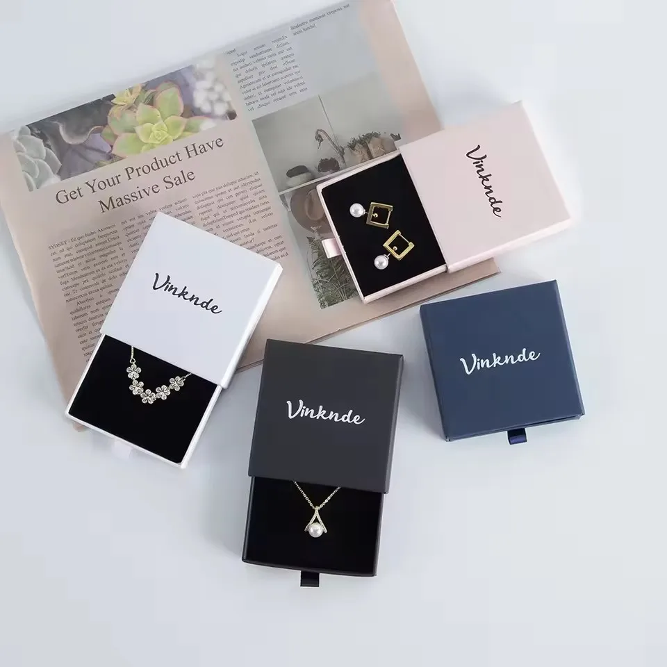 

50Pcs Luxury Custom Logo Jewelry Box for Earrings Ring Bracelet Packaging Sliding Case Paper Drawer Bag Jewellery Storage Carton