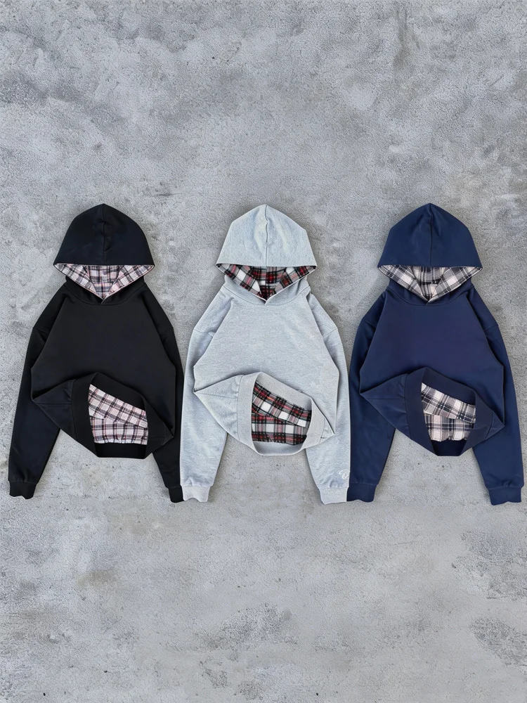 Herbstlicher, ästhetischer GRUGE-Kapuzenpullover mit Gitterfutter und Y2K-Streetstyle, lässiger Alltags-Hoodie für Damen und Herren – Detail 10