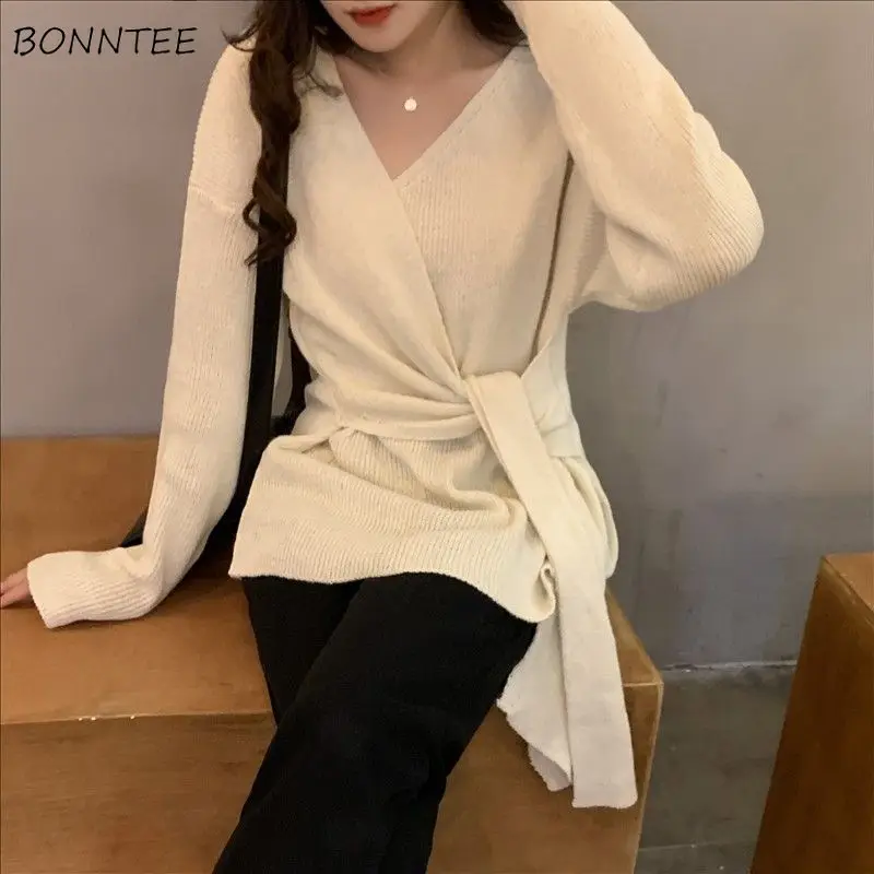 

Pullovers Women Solid Lace-up Designed Charming Delicate Basics Popular Soft Korean Style Leisure Sweet Elegant Stylish Young