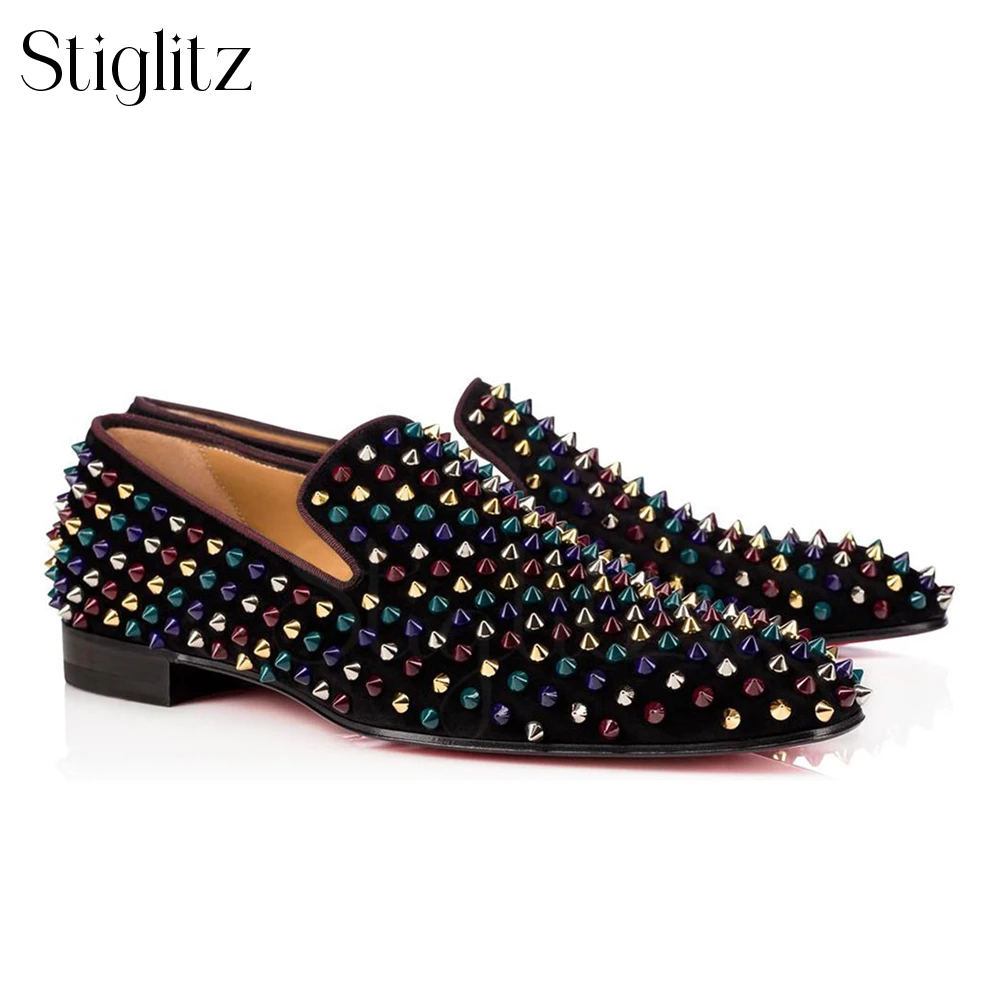 Full Rivet Loafers for Men Sharp Spikes Black Suede Dress Shoes Fashion Punk Style Comfortable Slip-On Men Flats Daily Footwear