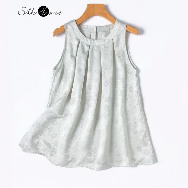 

Cool Feeling 100% Natural Mulberry Silk Jacquard Floral Rose French Elegant Sleeveless Breathable Hanging Neck Summer Vest