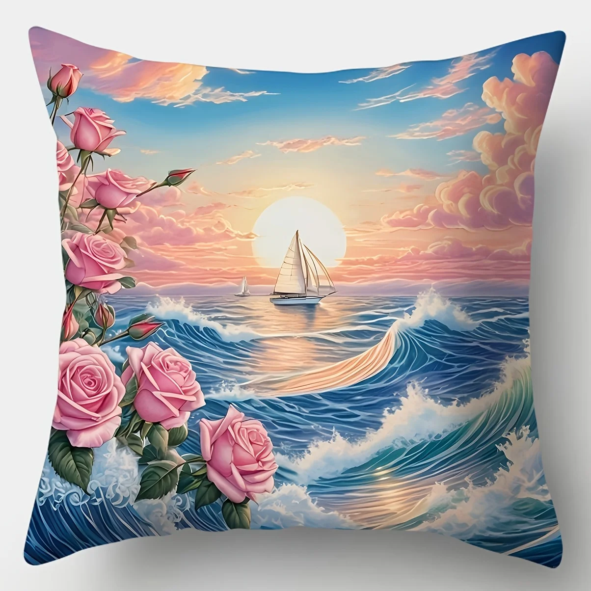 4pcs Pink Sunset Ocean Wave Rose Print Pillow Covers, Featuring Sunrise Sailboat Seaside Landscape Design