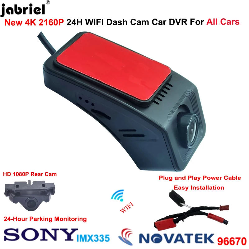 

Jabriel Plug and Play Wifi UHD 2160P Car DVR Dash Cam 4K Front and Rear Camera 24H Dashcam Driving Video Recorder for All Cars