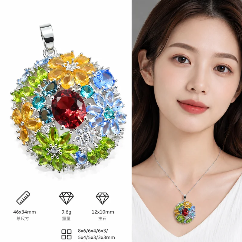 SheCrown 46x34mm Big Size 9.6g created Rhodolite Garnet Citrine Peridot London Blue Topaz Women Dating Silver plated Pendant