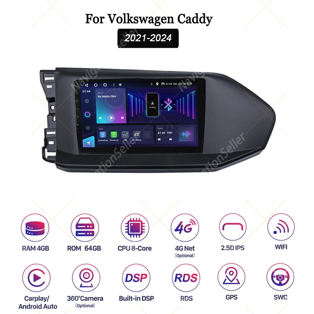 Android Radio For Vw Caddy 2021-2024 Carplay Head Unit GPS Navigation Multimedia Player Car Stereo Touch Screen BT RDS DSP Wifi