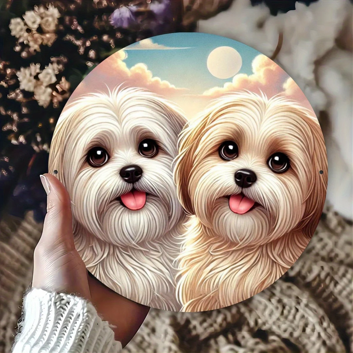 Cute Cartoon Dog & Ballflower 7.8" Metal Wall Art, High-Definition Print, Durable Iron Decor for Home, Garden & Gifts