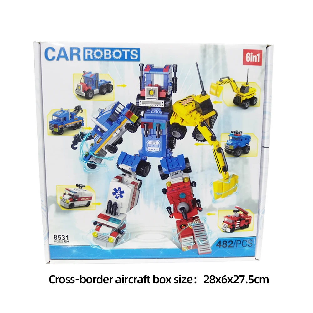 6 في 1 سيارة روبوت اللبنات مجموعة الإنقاذ مركبة سيارة إسعاف سيارة مطافئ الطوب DIY تجميعها لعبة للأطفال التعليمية هدية