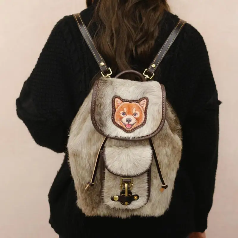 Autumn And Winter Fashion New High Quality Genuine Fur Backpack With Animal Pattern Design, Large Capacity Bucket Type Backpack