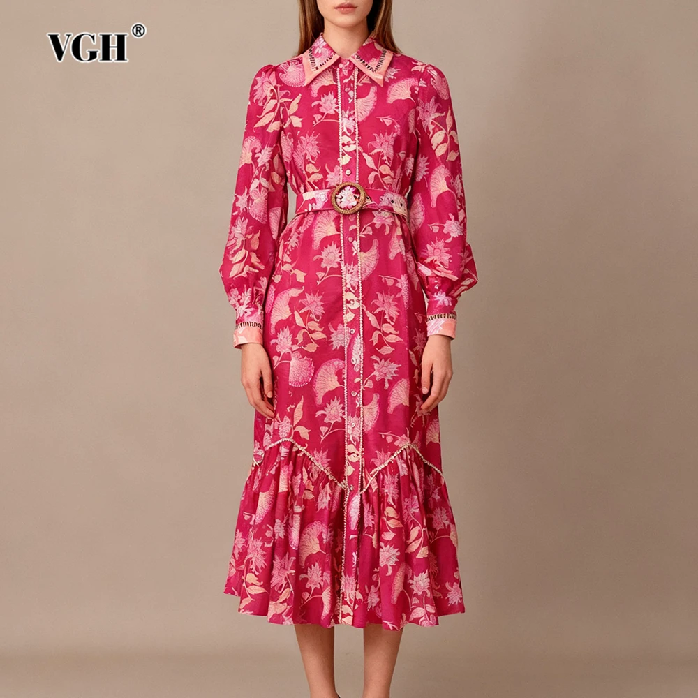 

VGH элегантное французское платье с принтом для женщин, рукав-фонарик с лацканами и поясом, утягивающие платья миди с оборками, женские новые
