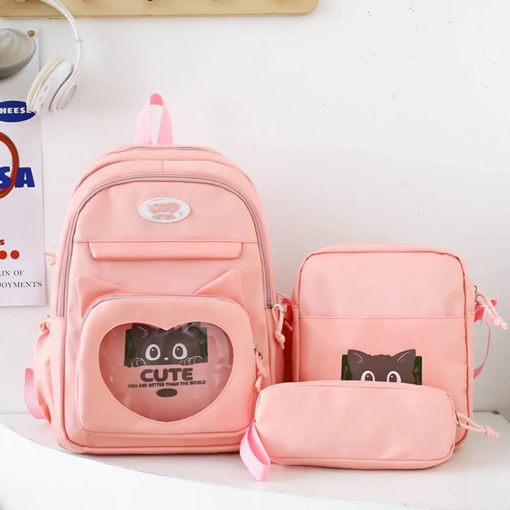 3pcs/set Nylon Transparent School Backpack Large Capacity Waterproof Students Ita-bag Pencil Bag Solid Color