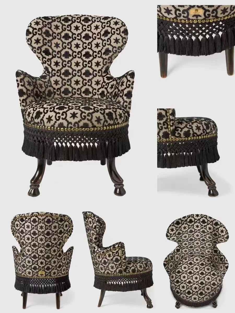 French carved high-end armchair, pre-loved GUCCI with jacquard solid wood black single armchair, neoclassical