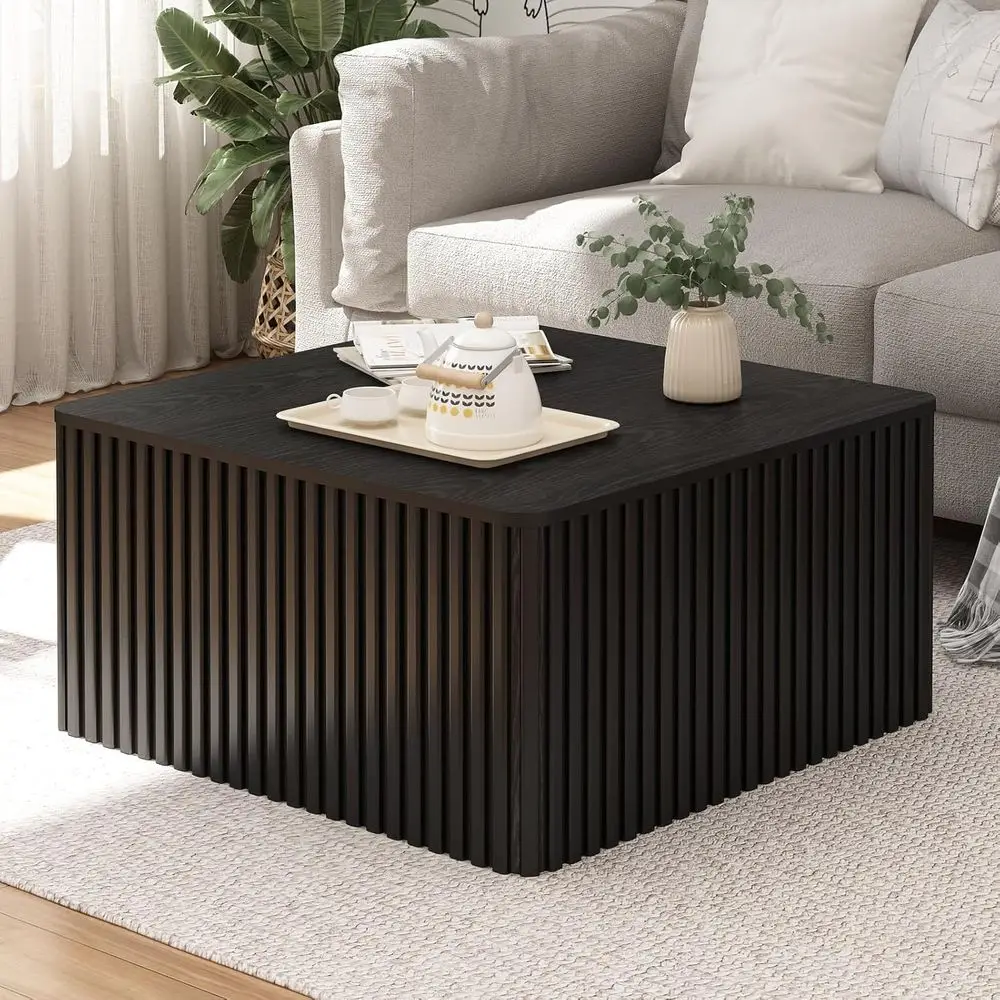 

Large Solid Wood Veneer Coffee Table with Storage for Living Room, Black