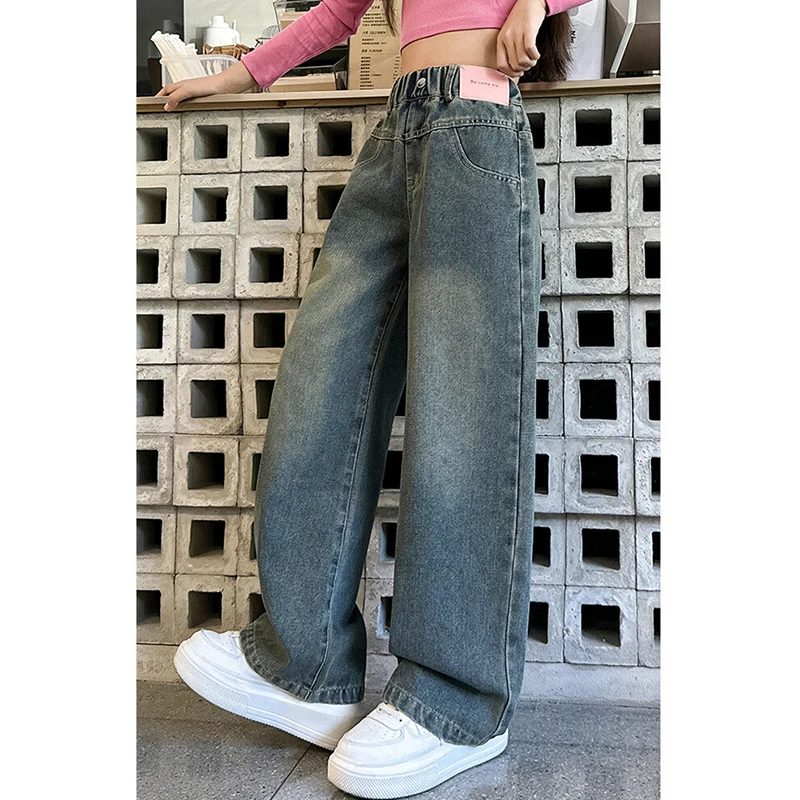 5-14 Jahre Frühling Herbst Mädchen-Jeans, modische Retro- und Vintage-Hose mit fünfzackigem Sternmuster und Stickerei, weit geschnittene Hose für Teenager-Mädchen – Detail 8