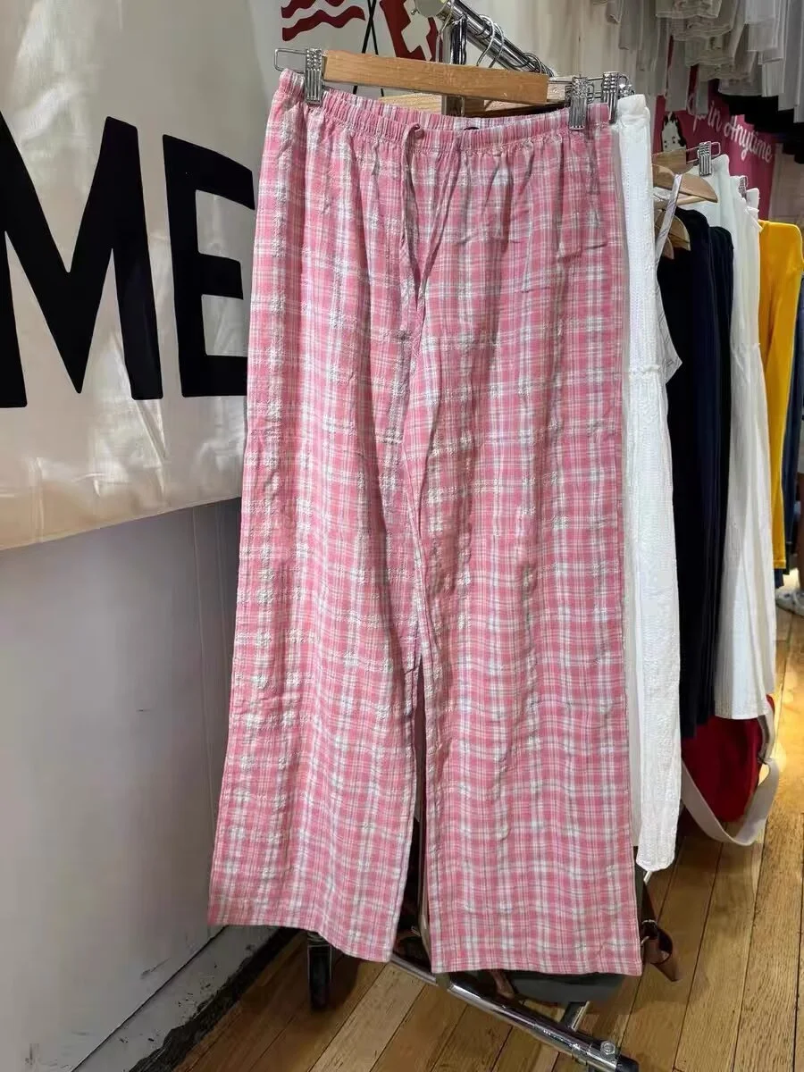 Pantaloni Casual da Donna American Sle Brandy Melville, Rosa a Quadri, Vita Elastica, Modellanti, Versatili, Lunghi, in Cotone, Taglio Dritto