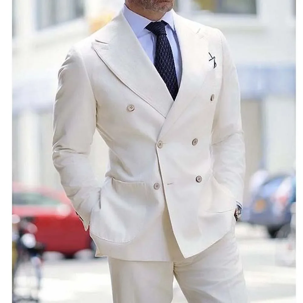 

Fashion Peak Lapel Double Breasted Linen Male Suit Slim Fit Chic Smart Casual Wedding Tuxedo White 2 Piece Set Costume Homme