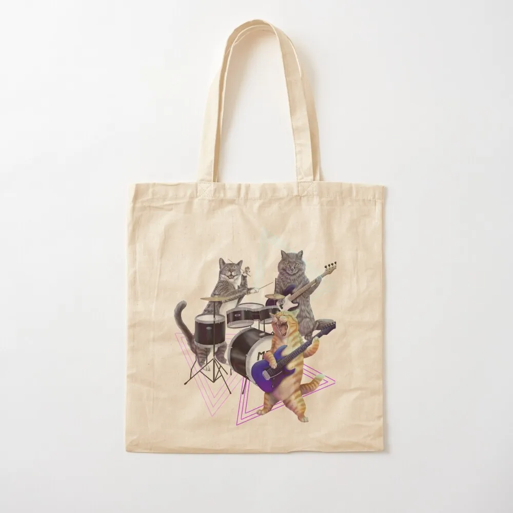 Cat band- Rock band kitties playing the bass, electric guitar, and drums Tote Bag