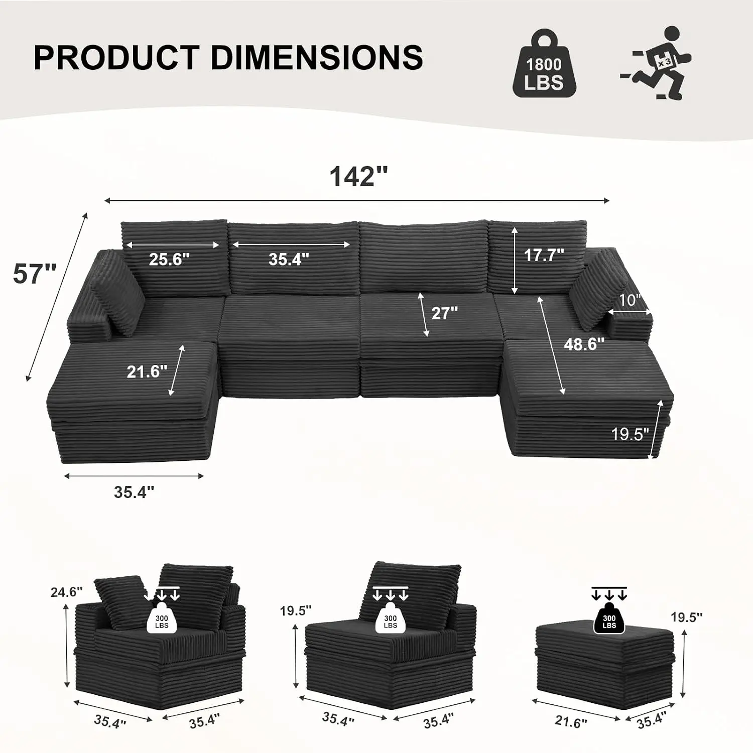 142'' Modular Sectional Sofa Deep Seat with Storage, Customized