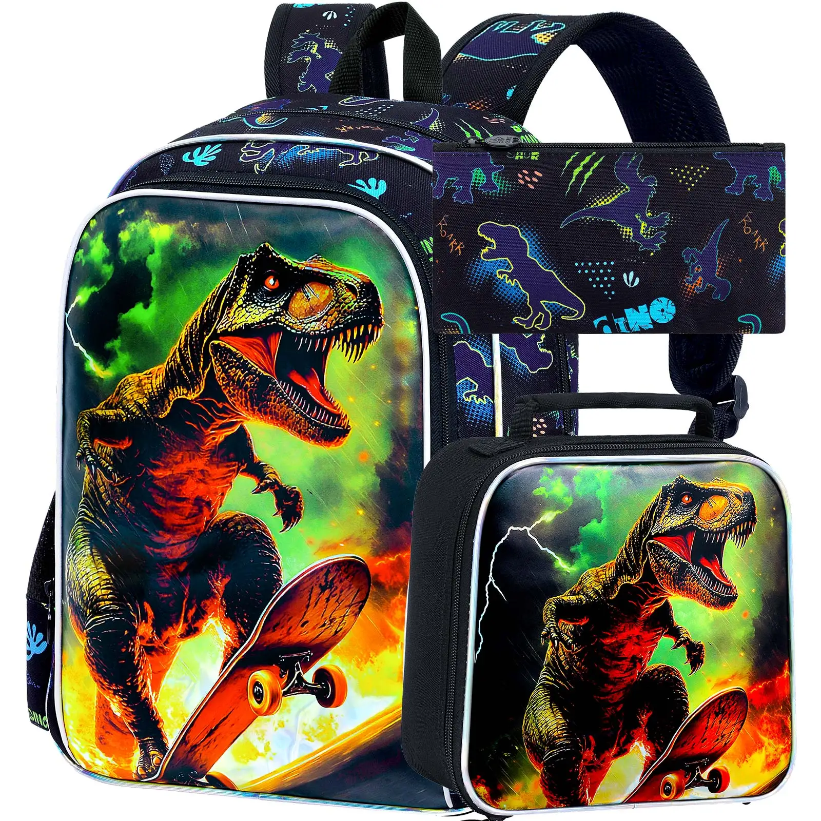 

3PCS Backpacks for Boys, 16" Kids Bookbag Water Resistant for Boy, Lightweight Backpack with Lunch Dinosaurs are skateboarding.