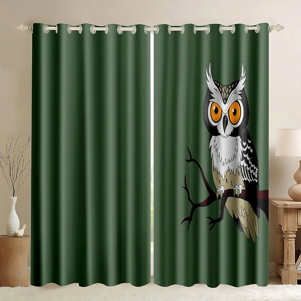 Owls WindowCurtains ,Colorful Owls Doodle Style Green Background,Eagle Owl in The Forest Flying Owl Wildlife Blackout Curtains