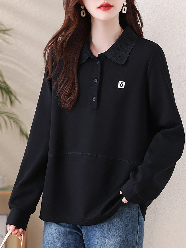 Casual Black Collared Sweatshirt Women's Loose Fit Autumn Fashionable Large Size Top Quality Material Long Sleeve Crew Neck