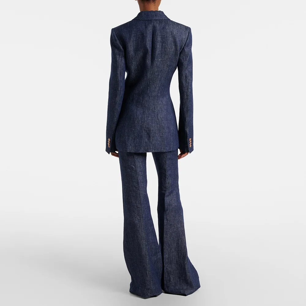 HIGH STREET New 2026 Fashion Women Faux Denim Blazer Suit Single Gold Button Notched Lapel Jacket Flared Pants Set for Formal