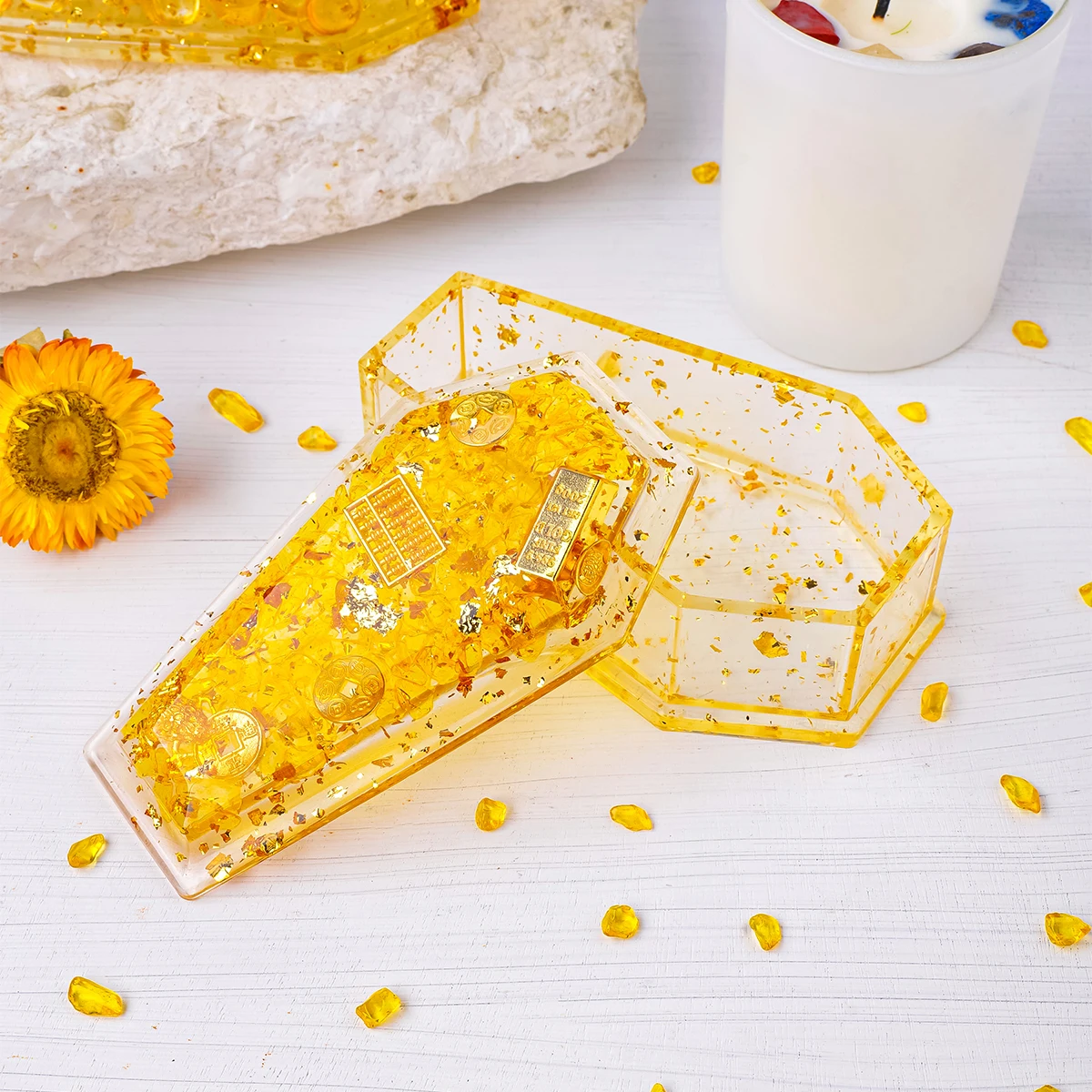 1 Pc Natural Crystal Chip Water Drops Resin Gold Coffin Home Desktop Organiser Decoration Halloween Gift